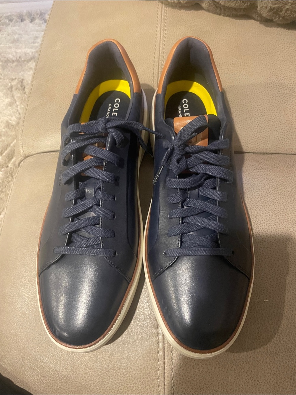 Cole Haan Navy Leather Low-Top Sneakers with Tan Trim